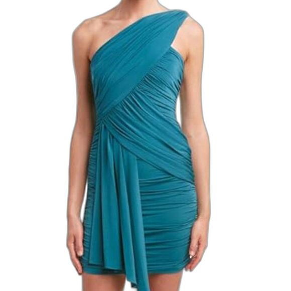 BCBG Maxazria Deep Jade Caci One Shoulder Mini Dress with Draping Women's Size 0 - Picture 1 of 8
